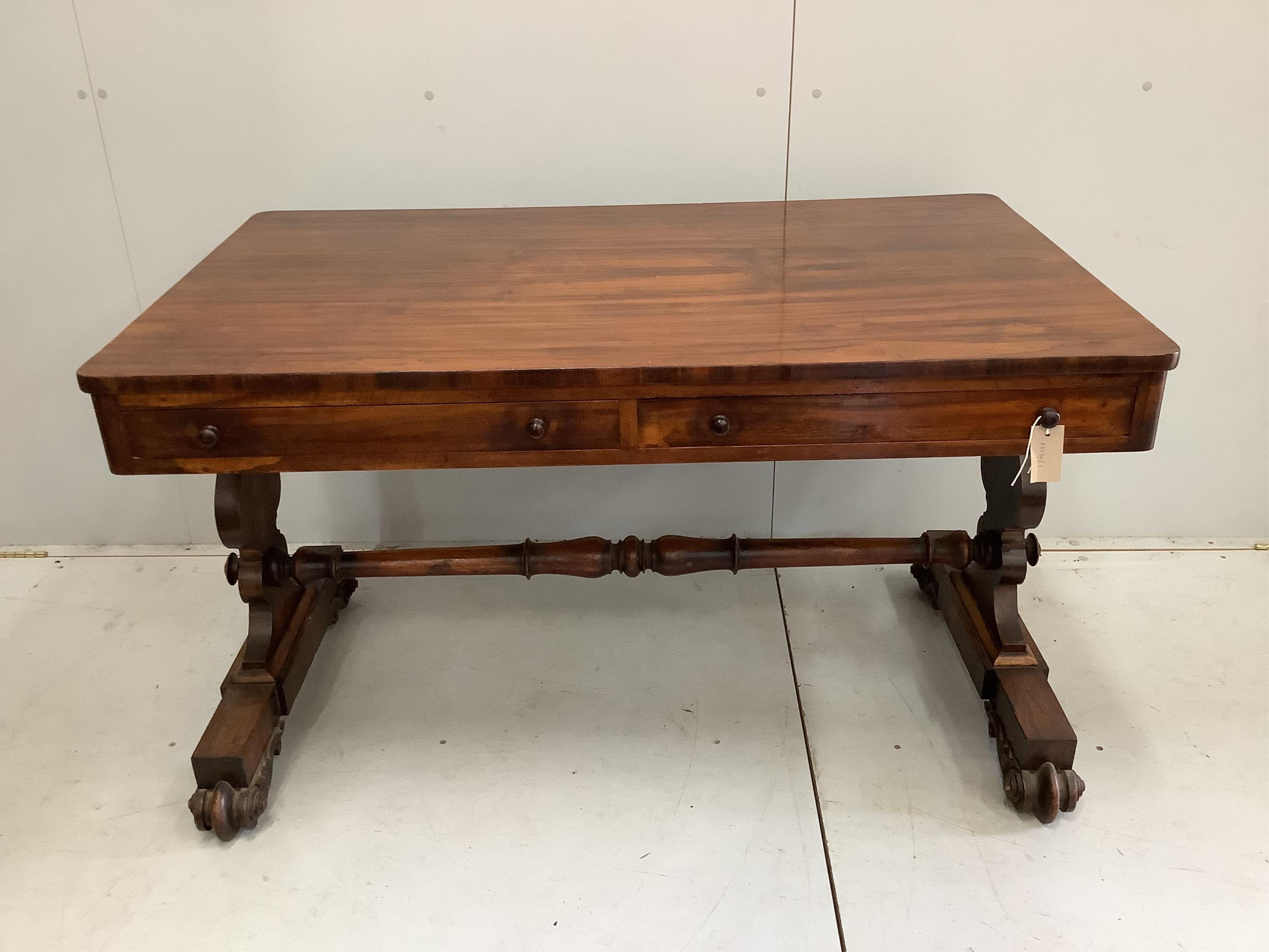 A Regency rosewood library table, width 125cm, depth 75cm, height 74cm. Condition - fair